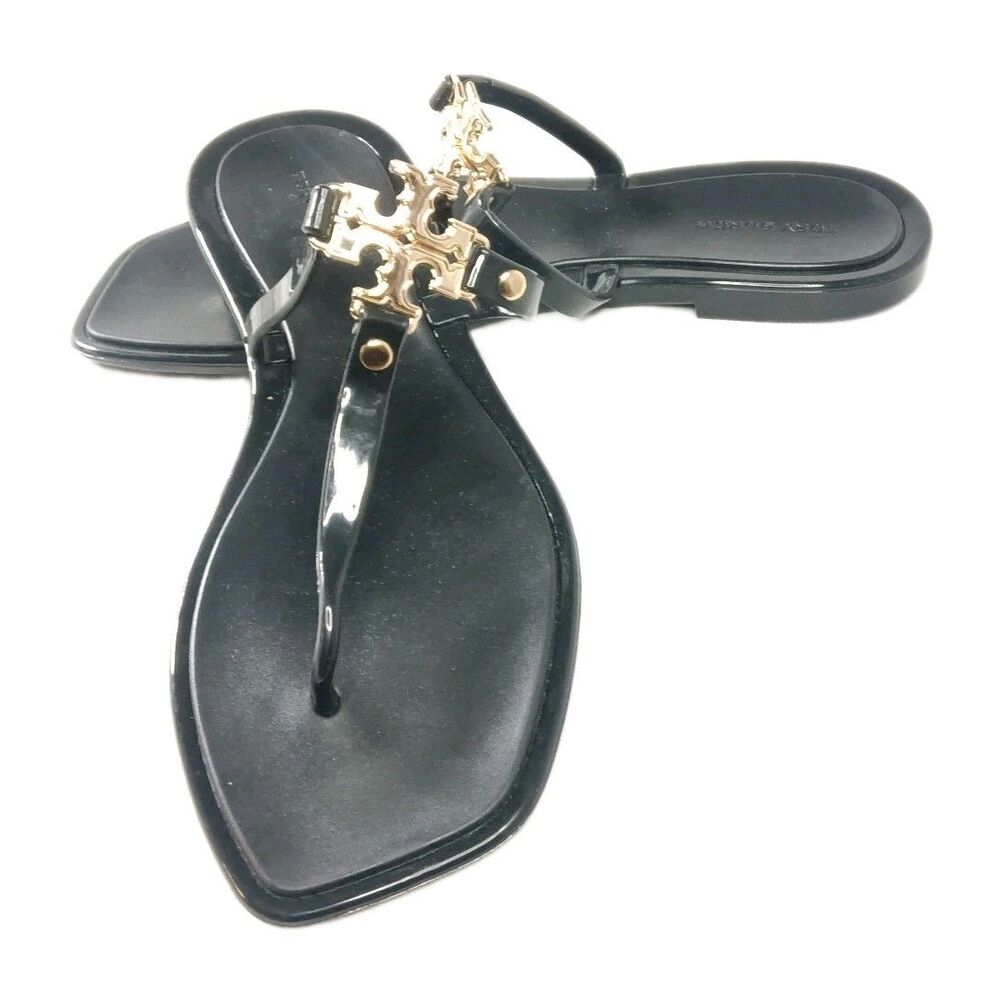 Tory Burch Roxane Jelly Thong Sandals Classic Black Gold Logo Size 6
